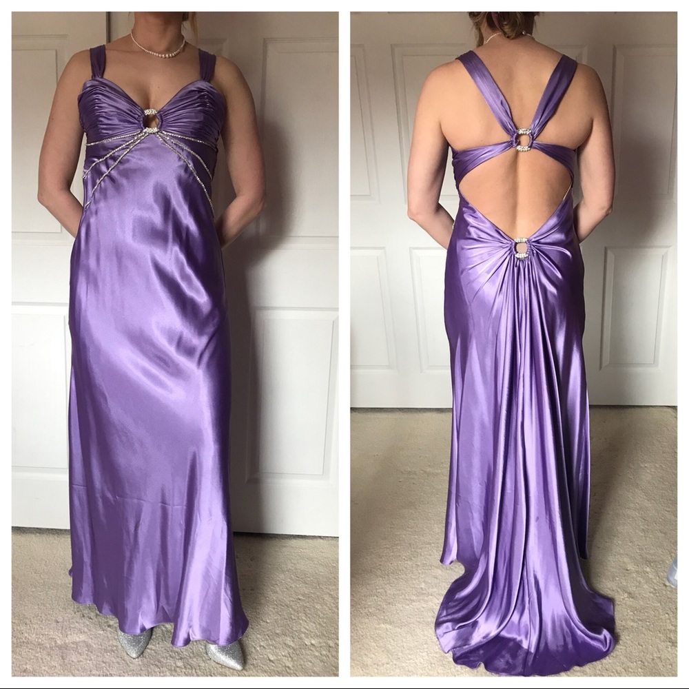 Purple open back prom dress